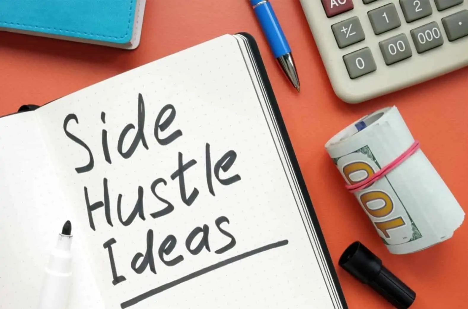 Home 10 Best side hustle ideas, notepad, pen, calculator