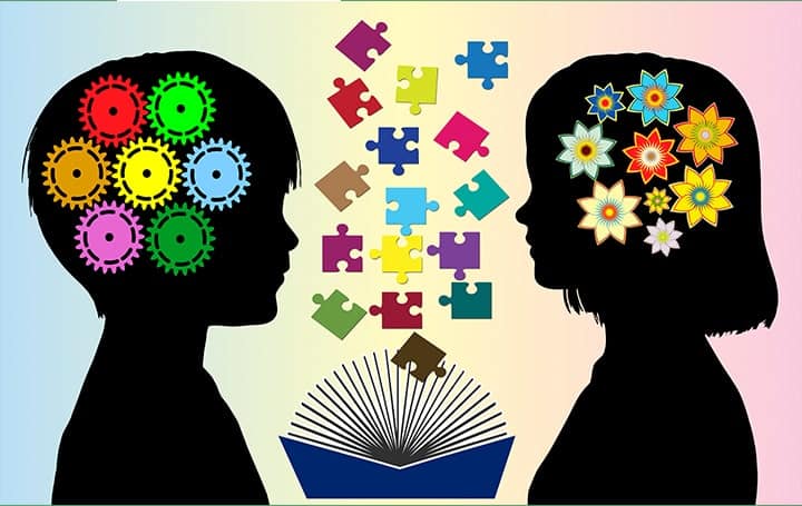 two children silhouettes with colourful gears moving in their heads to demonstrate growth and learning. Coloured puzzle pieces in the middle.
