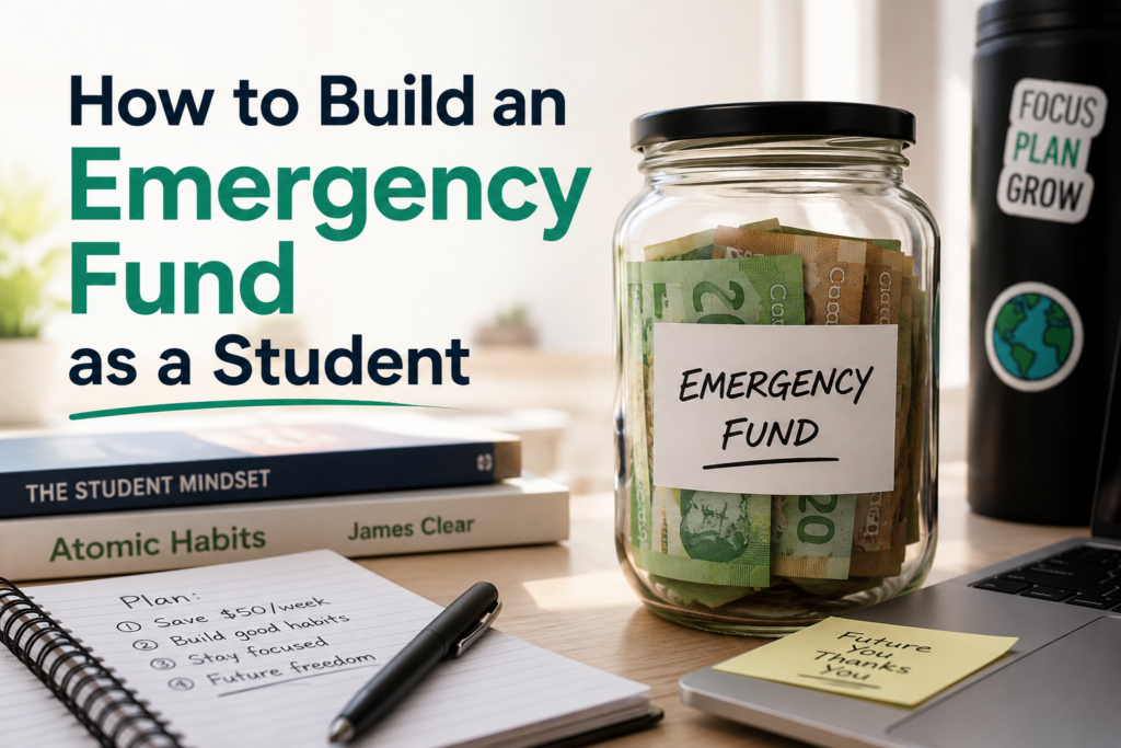 How to Build an Emergency Fund as a Student 1 money jar with books and notepad on table