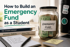 Glass jar labeled 'Emergency Fund' filled with cash on a desk.