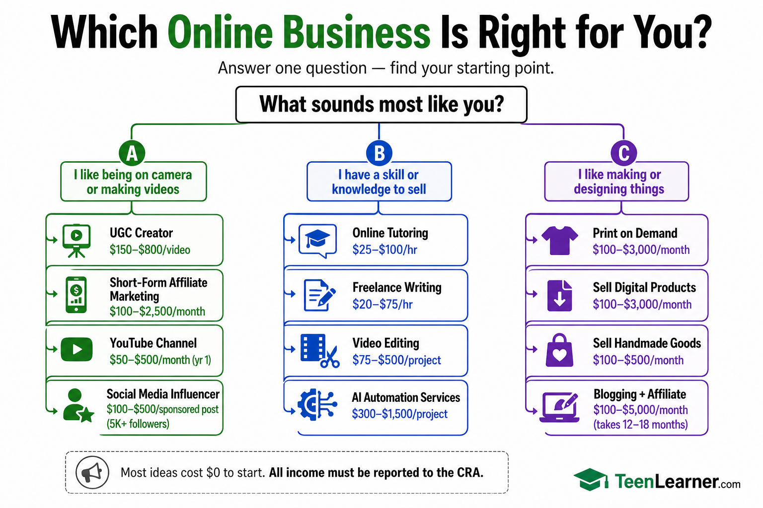 17 Online Business Ideas for Teens and Students (2026) 2 Decision tree: Which online business is right for you? Three paths based on whether you like being on camera, have a skill to sell, or like making things — with earnings for each option