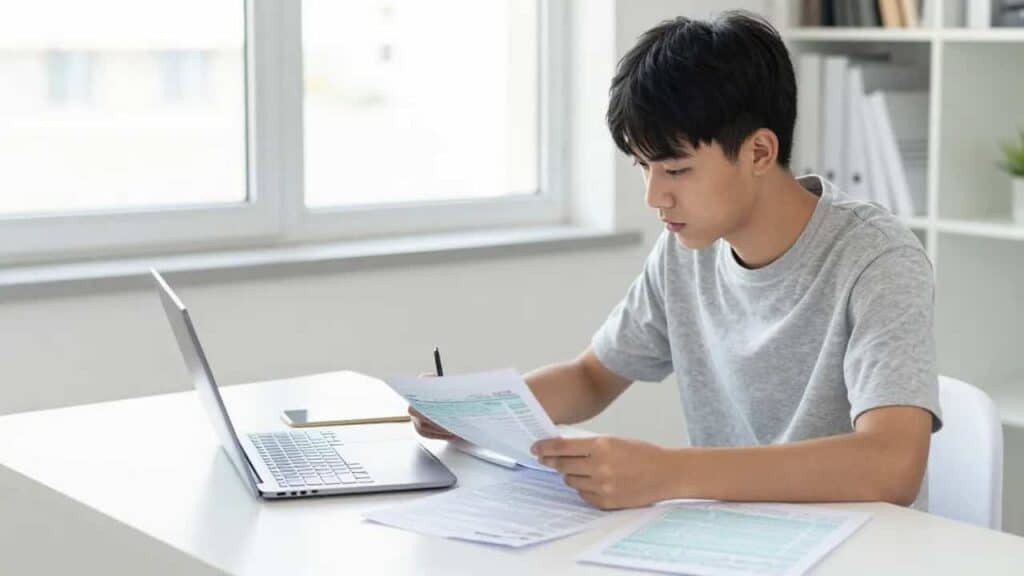 Teen learner studying with laptop and papers in a bright room.