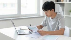 Teen learner studying with laptop and papers in a bright room.
