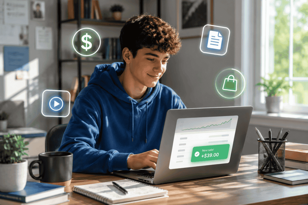 student on a computer with logos of money and objects around the computer