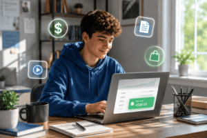 student on a computer with logos of money and objects around the computer