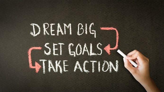 Writing stating dream big, set goals, take action with arrows from big to goals and set to take