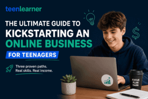Teenager using a laptop for online business startup with icons and text.