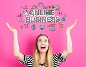 online business title with caucasion women holding hands out to business related icons