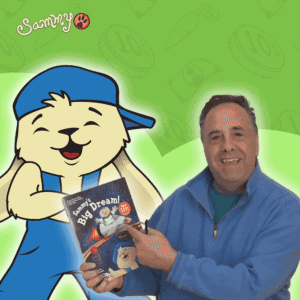Sammy the talking dog character with a man holding a book about dreams.