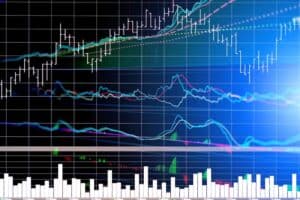 Stock market chart with trend lines and volume bars for investment analysis.
