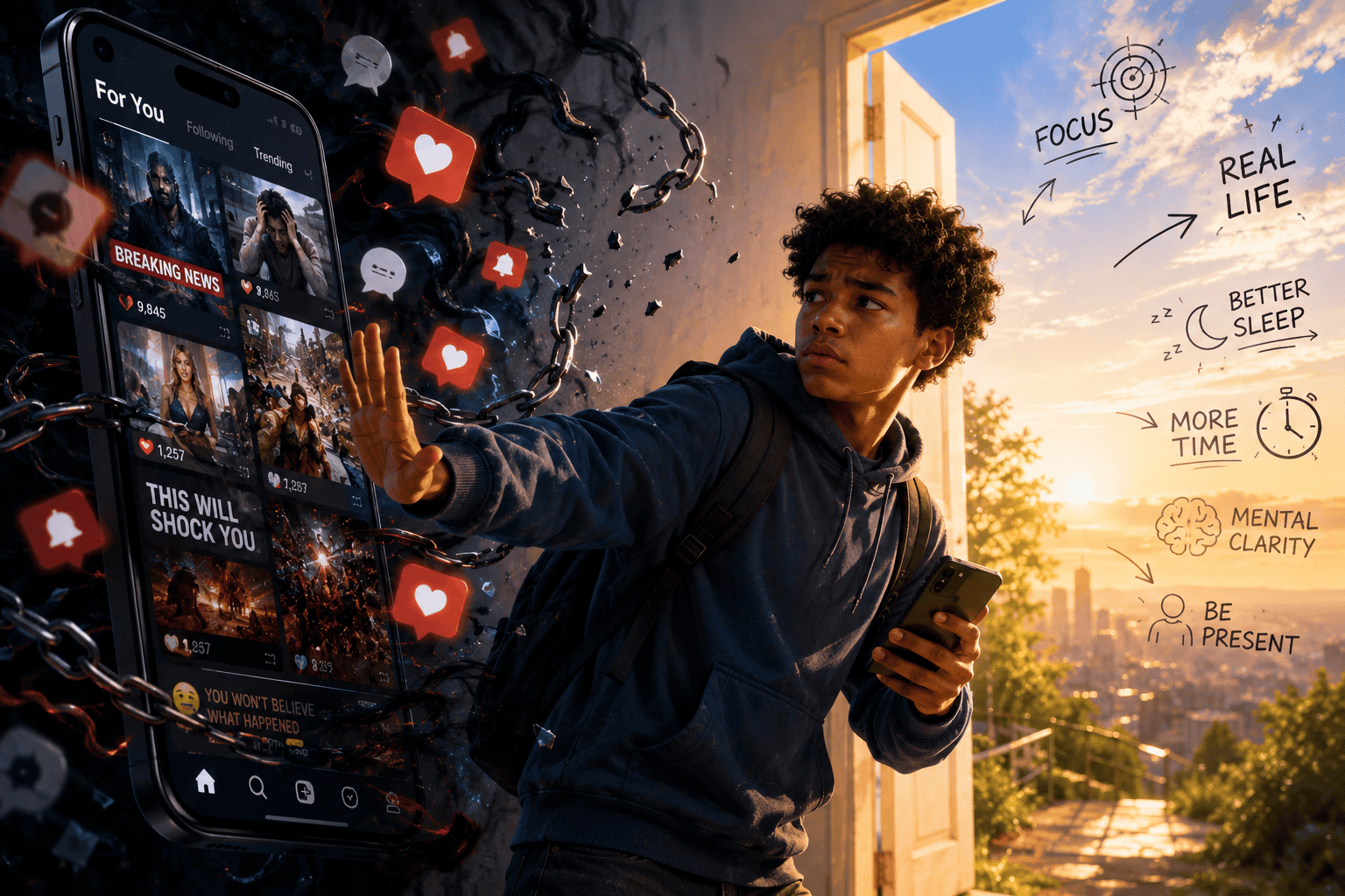 Why You Can't Stop Doom Scrolling (It's Not Your Fault) 1 Teen boy engaging with social media on smartphone with digital icons around him.