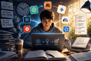 Teen learner using AI and digital tools for studying and research.