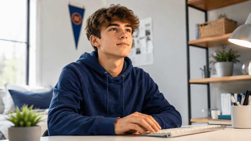 caucasian boy with white keyboard looking in the direction of a computer in a minimalist room