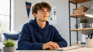 caucasian boy with white keyboard looking in the direction of a computer in a minimalist room
