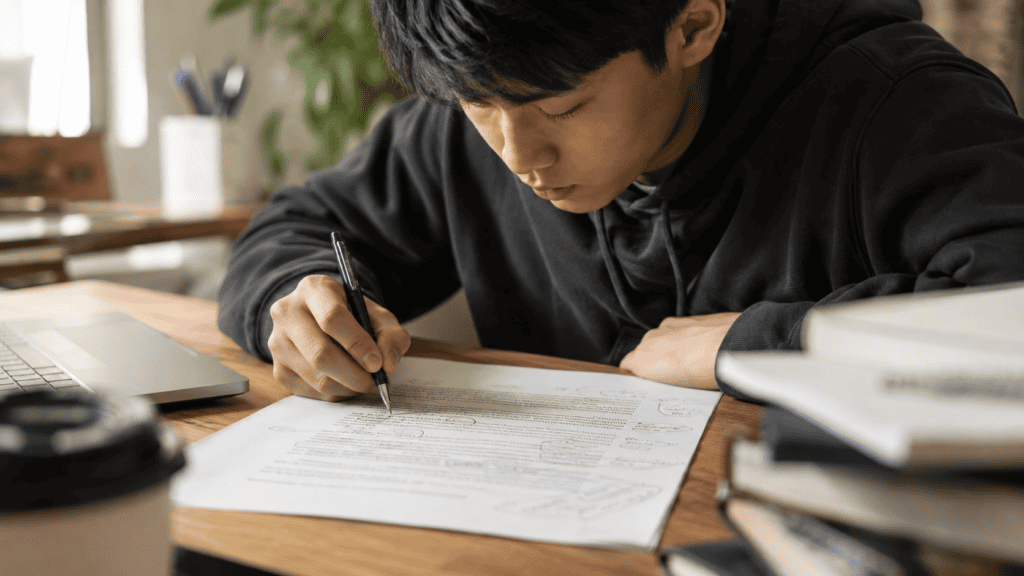 Asian boy studying and writing with a pen in his hand