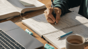 person writing in a notebook with a computer in front