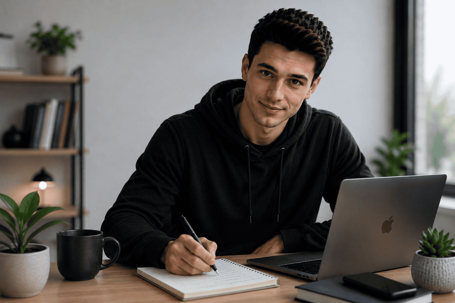 young caucasian man writing in a notebook with an apple laptop beside him