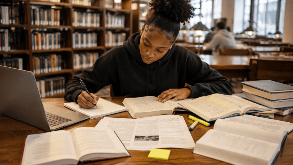 African-Canadian girl sitting at a desk studying with a computer and many books open