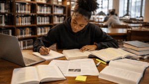 African-Canadian girl sitting at a desk studying with a computer and many books open