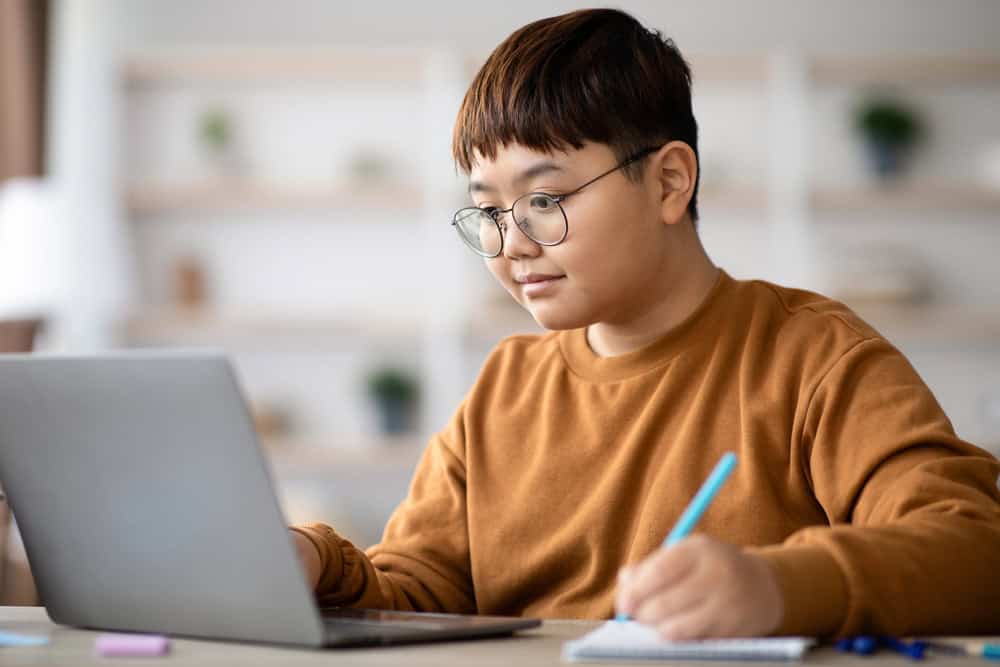 Teenage boy at a laptop writing notes, representing the AI prompts for teens guide